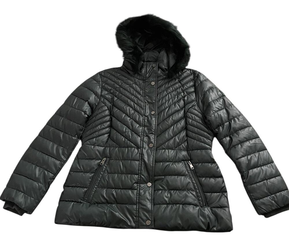 Kenneth Cole Down Puffer Jacket Removeable Faux Fur Hood Women's Size XL Green